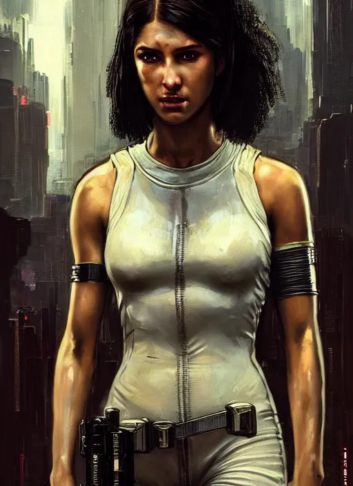 Image similar to Cyberpunk female version of the punisher (blade runner 2049, cyberpunk 2077). Beautiful face and afro. Orientalist portrait by john william waterhouse and James Gurney and Theodore Ralli and Nasreddine Dinet, oil on canvas. Cinematic, hyper realism, realistic proportions, dramatic lighting, high detail 4k
