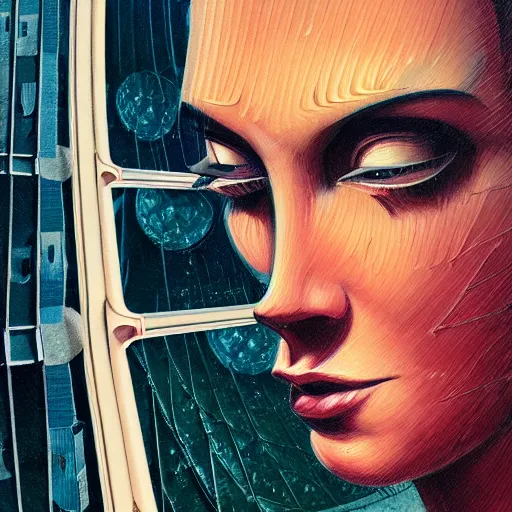 Image similar to detailed face of a woman, clockwork, moment, tectonic sky, skydome, bullet train, turbines, utopian, tech noir, wet reflections, prism, atmospheric, ambient, pj crook, syd mead, fritz lang, emma uber, edward hopper