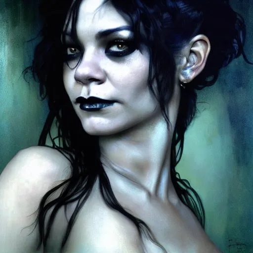 Image similar to beautiful portrait of vanessa hudgens as death from sandman, smiling, by cedric peyravernay, alphonse mucha, by jeremy mann, by lecouffe deharme, goth chic, soft lightning, eyeliner, punk rock, high detailed, 8 k