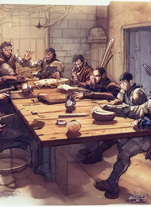 Image similar to a group of christian priests playing dungeons&dragons sitting around a table in 90's basement by artgerm and Craig Mullins, James Jean, Andrey Ryabovichev, Mark Simonetti and Peter Morbacher 16k