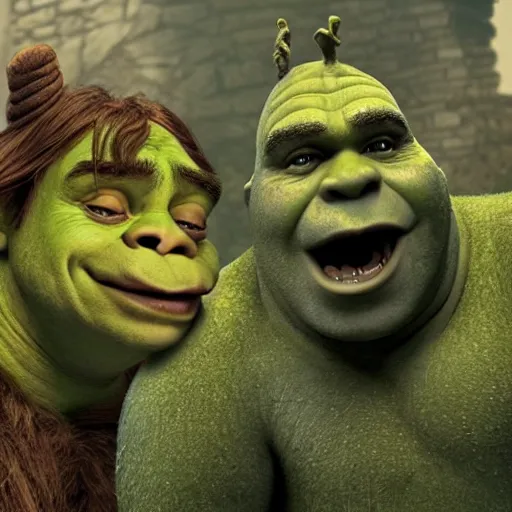 Prompt: a still of shrek in the game of thrones