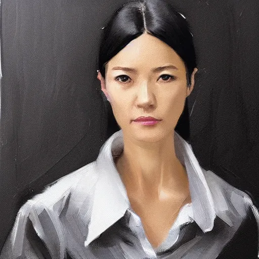 Image similar to Portrait of a woman by Greg Rutkowski, she is about 50 years old, japanese, black straight hair, attractive, elegant, airs of superiority, boss vibes, she is wearing white and black utilitarian jumpsuit, highly detailed portrait, scifi, digital painting, artstation, concept art, smooth, sharp foccus ilustration, Artstation HQ.