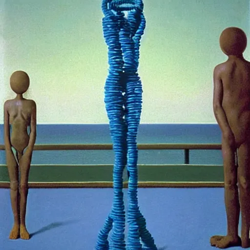 Image similar to A Monumental Public Sculpture of a 'Cyborg made of spaghetti with a Portal in its stomach ' on a pedestal by the Sea, surreal oil painting by Rene Magritte and Max Ernst shocking detail hyperrealistic!! Cinematic lighting