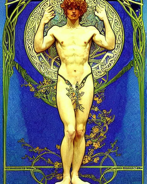 Image similar to an art nouveau painting of a the celtic god lugh, beautiful, shining sun, highly detailed, intricate, artstation, by alphonse mucha and james gurney