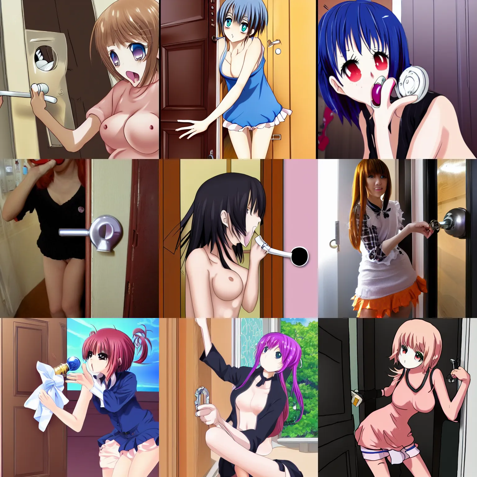 Prompt: anime girl licking doorknob by some pervert