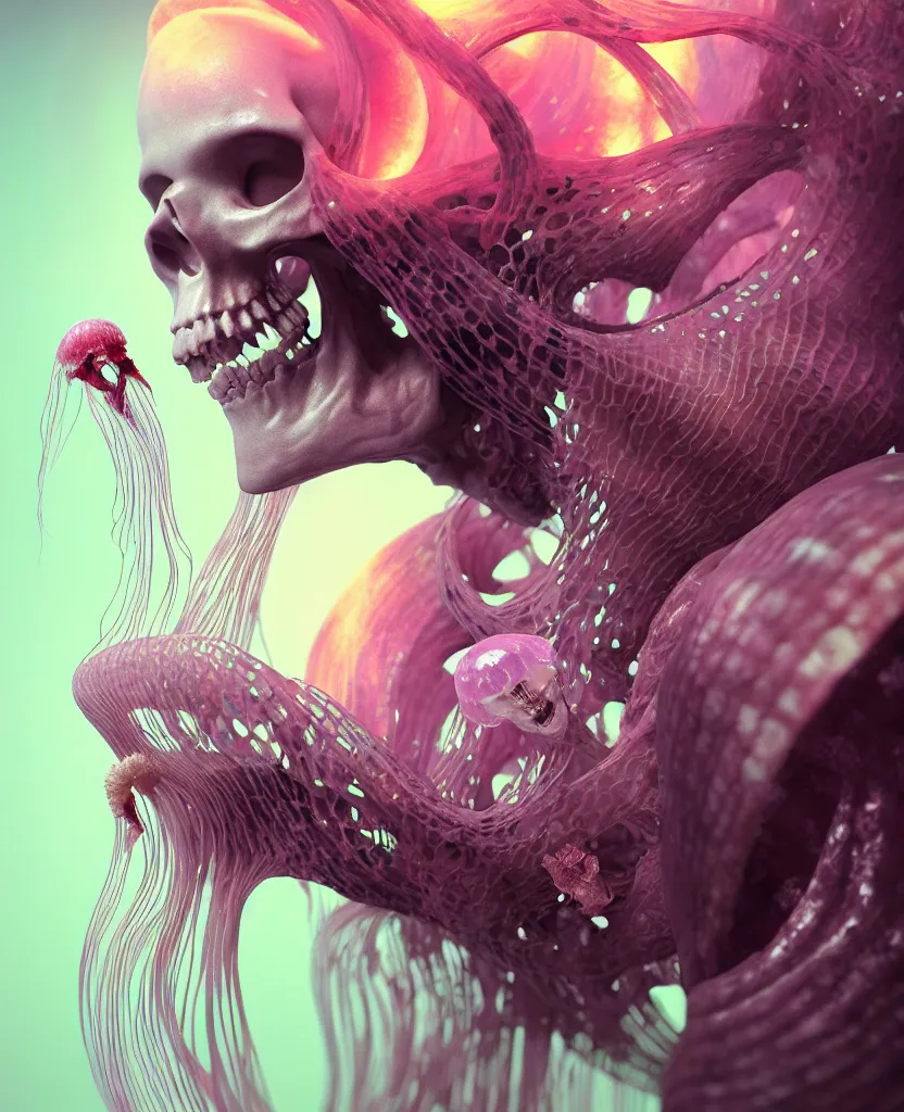 Image similar to goddess close - up portrait human skeleton, ram skull, jellyfish, orchid, betta fish, bioluminiscent, intricate artwork by tooth wu and wlop and beeple. octane render, trending on artstation, greg rutkowski very coherent symmetrical artwork. cinematic, hyper realism, high detail, octane render, 8 k