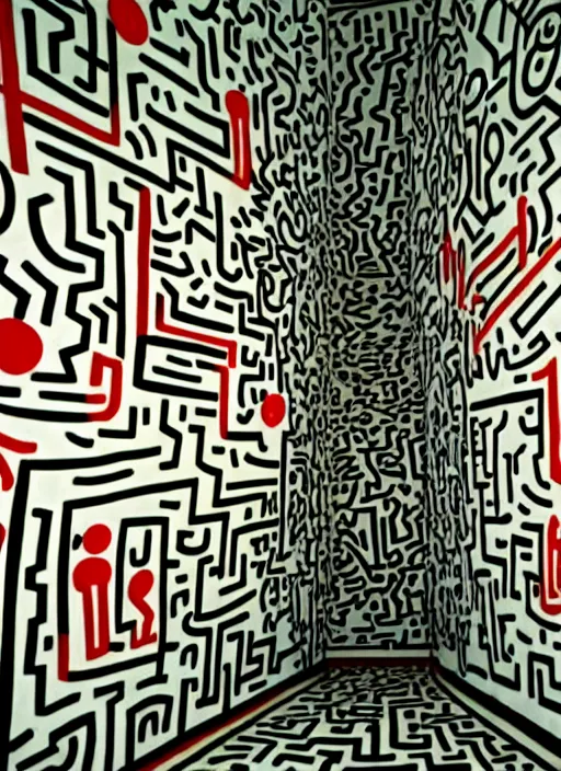 Image similar to photograph of a hallway decorated by Keith Haring, architecture magazine, dezeen, 50mm, pentax, film