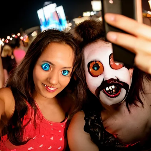 Image similar to a horrifying disfigured monster photobombs a cute girl's selfie at night, 4K