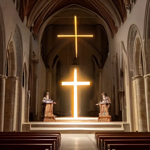 Image similar to a cinematic painting of jesus stood on the alter in an abandoned cathedral interior, he is lit by a strong beam of light shining in through a crack on the ceiling, 8 k, movie still, wide angle photograph