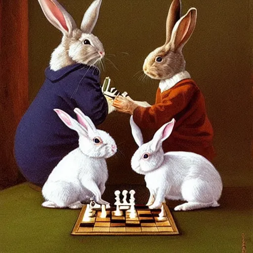 Prompt: rabbits drinking tea and playing chess. Painting of rabbits in sweaters by James Gurney (charming illustration of two cute rabbit gentlemen).