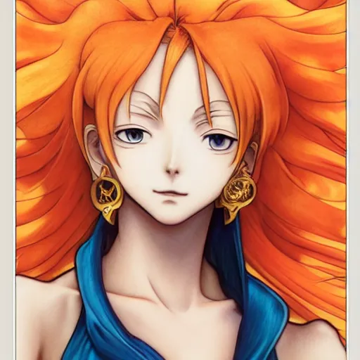 Image similar to intricately detailed vfx portrait of nami from one piece by eiichiro oda, makoto shinkai, alphonse mucha, art by artgerm and greg rutkowski, best of behance, concept art, matte, sharp focus, orange hair, elegant, adolphe bouguereau, annie leibovitz, stanley kubrick, johannes vermeer, hdr,