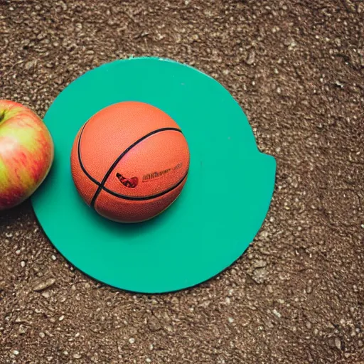 Prompt: a basketball sits near an apple which sits near a frisbee while a hand points to the fruit, photo