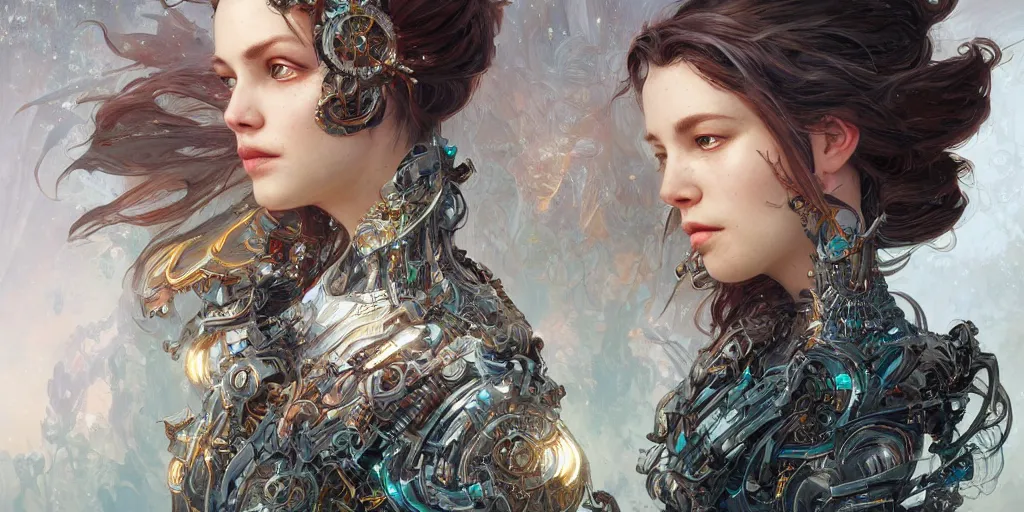 Image similar to HDR portrait photography of The Benevolent Cyborg Queen, fantasy, intricate, elegant, highly detailed, digital painting, artstation, HDR photo, smooth, sharp focus, illustration, art by artgerm and greg rutkowski and alphonse mucha