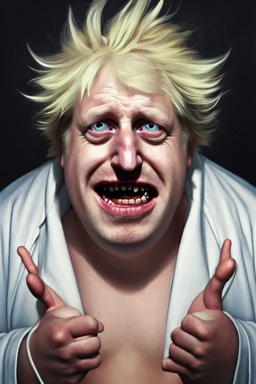 Prompt: Boris Johnson as smiling Rick Sanchez from Rick and Morty, unibrow, white robe, big eyes, realistic portrait, symmetrical, highly detailed, digital painting, artstation, concept art, smooth, sharp focus, illustration, cinematic lighting, art by artgerm and greg rutkowski and alphonse mucha