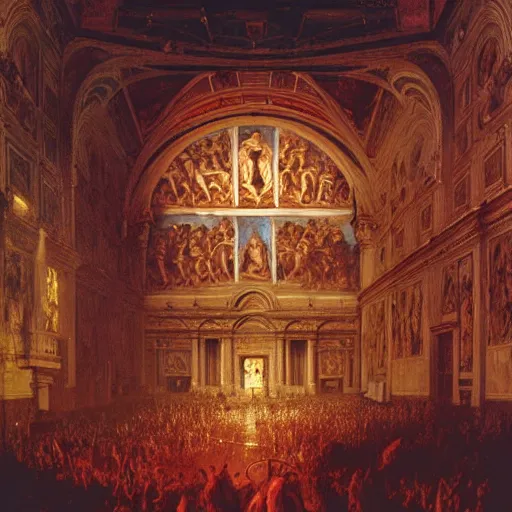 Image similar to the sistine chapel breaks open in half in the ceiling as a red magical portal from hell opens up, lucifer morningstar emerges along with hordes of demons, the priests and the pope look at the scene with terror in their eyes. highly detailed painting by gaston bussiere, greg rutkowski, craig mullins 8 k