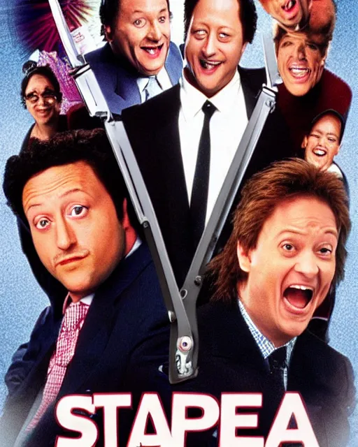 Prompt: 90s comedy movie poster of stapled a movie about someone who turned into a stapler starring Rob Schneider