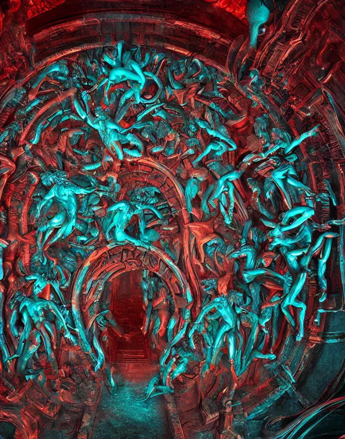 Prompt: biomechanical The Gates of Hell by Auguste Rodin. intricate artwork. halo. octane render, cinematic, hyper realism, octane render, 8k, depth of field, bokeh. iridescent accents. vibrant. teal and gold and red colour scheme