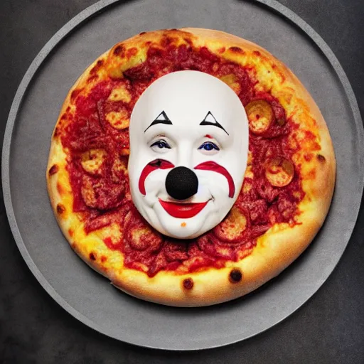 Image similar to clown pizza, clowcore, michelin star food, clowncore funohuse, photo by annie leibowitz
