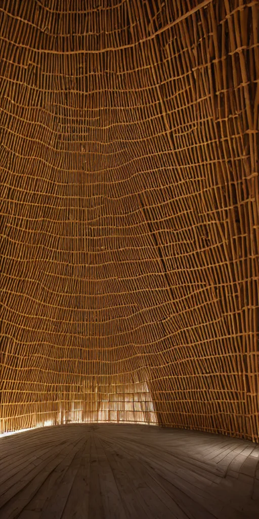 Prompt: inside small organic pavilion made of bamboo. complex vaulting structure, thin columns. architectural photography. coronarender, 4 k, 8 k. volumetric lighting.