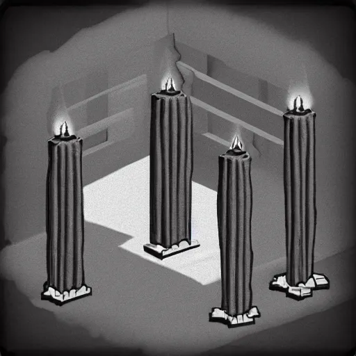 Prompt: “isometric creepy abbey, dark corridors, candles, style of eternal darkness”