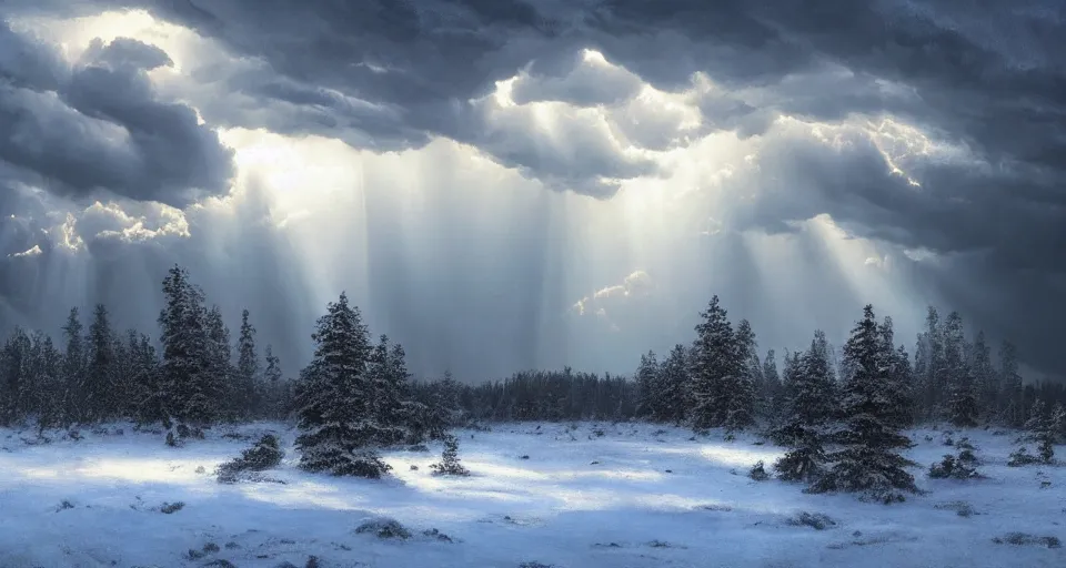 Prompt: heaven!! clouds!! god rays, snowy, windy, by eugene von guerard, ivan shishkin, night, lightning!!, storm!, dramatic lighting, concept art, trending on artstation, 8 k