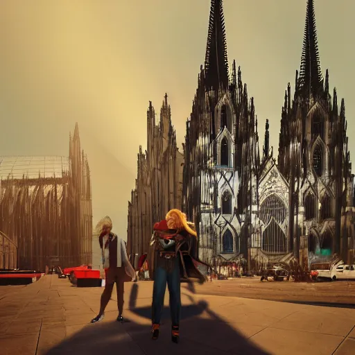 Image similar to a hyper real comic book style portait painting of the cathedral of cologne germany in the distant future with robots around, unreal 5, hyperrealistic, octane render, cosplay, rpg portrait, dynamic lighting