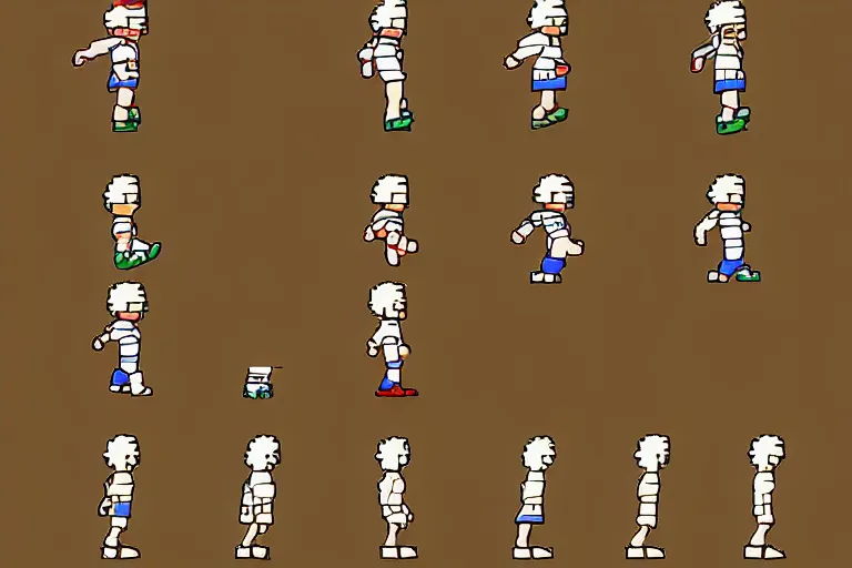 Image similar to a sprite sheet containing of a hero running by studio ghibli, side view, proportions, sprite sheet, running cycle, ready to model,