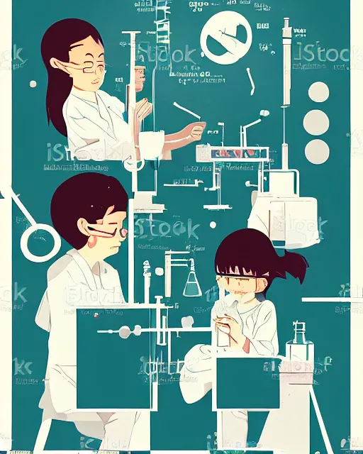 Image similar to a little girl in science lab experiment test tube microscope map. clean cel shaded vector art. minimalist illustration art by lois van baarle, artgerm, helen huang by makoto shinkai and ilya kuvshinov, rossdraws