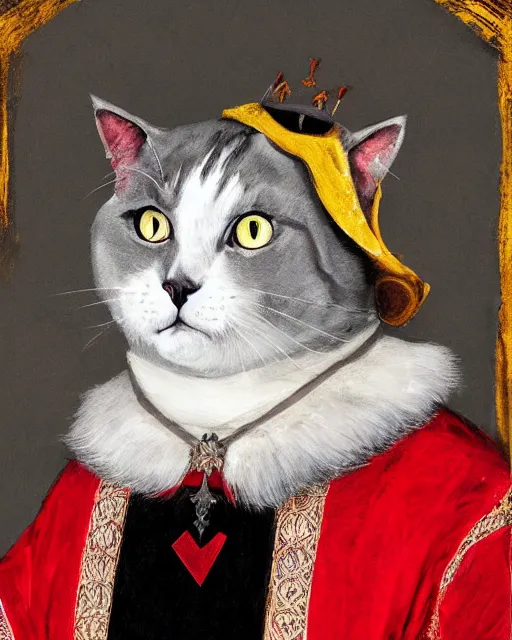 Image similar to fat gray cat with yellow eyes dressed like henry viii, tudor period clothing in scarlet gold and black, royal robes, greg rutkowski, royal portrait, painting