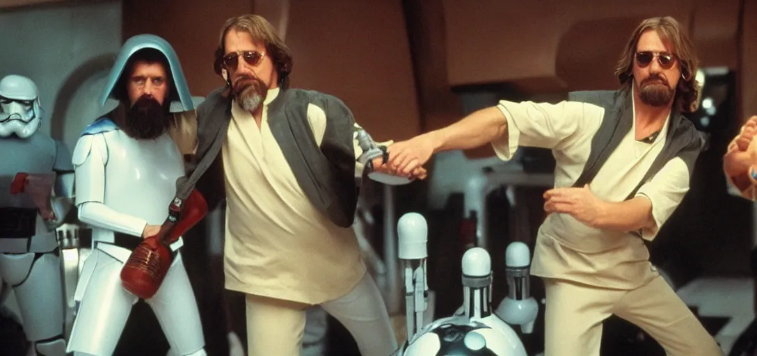 Image similar to The Big Lebowski bowling with Luke Skywalker in the Star Wars Cantina from A New Hope, Steve Buscemi is in the background in a Stormtooper uniform with his helmet off