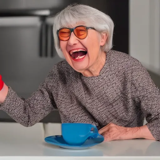 Prompt: grandmother as cyber robot laughing at jokes about country, hyper realistic, full details