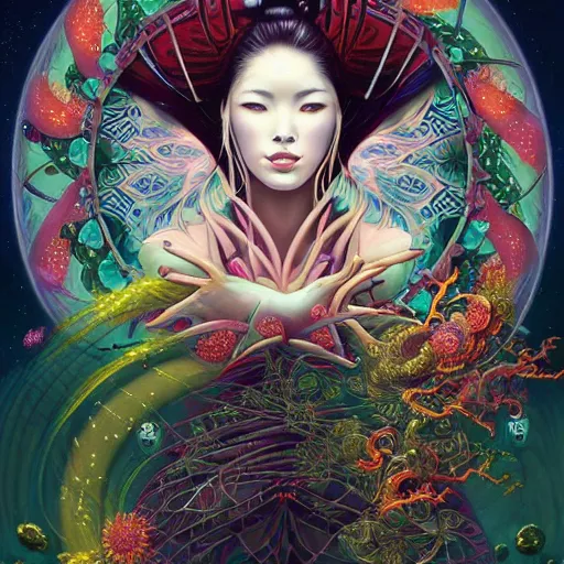 Image similar to a portrait of a geisha, surrounded by fractals, mandalas, cherry blossoms, hadron collider technology, metal gears, swirling bioluminescent energy, art by peter mohrbacher and dan mumford