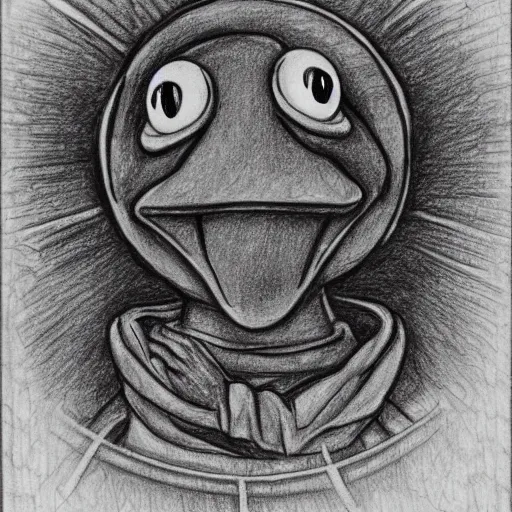 Image similar to Kermit the Frog in the deepest circle of Hell, in the style of the Divine Comedy by Dante Alighieri, pencil sketch