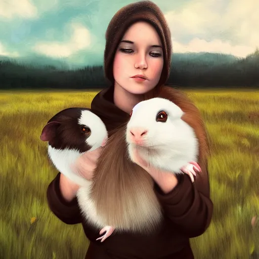 Image similar to Caucasian white girl holding her dark brown guinea pig, out in the wilderness at morning, trending on artstation, artstationHQ, artstationHD, photorealistic imagery.