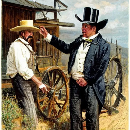 Prompt: alex jones as a 1 9 th century traveling medicine salesman wearing a top hat, selling purported miracle tonics out of a chuckwagon, western art by howard terpning