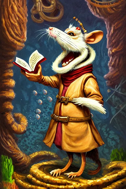 Prompt: classic oil painting, an anthropomorphic bipedal rat that is dressed as a medieval librarian, as a dnd character, standing under the sea, cottagecore, extremely detailed, digital illustration, concept art, readability, smooth, sharp focus, art by r. l. stine