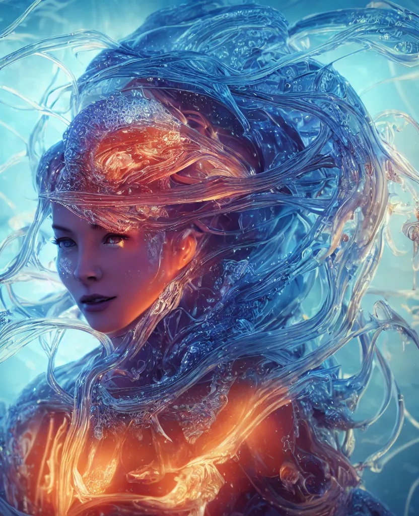 Image similar to close-up macro portrait of the face of a beautiful princess, epic angle and pose, symmetrical artwork, 3d with depth of field, blurred background, cybernetic jellyfish female face skull phoenix bird, translucent, nautilus, energy flows of water and fire. a highly detailed epic cinematic concept art CG render. made in Maya, Blender and Photoshop, octane render, excellent composition, cinematic dystopian brutalist atmosphere, dynamic dramatic cinematic lighting, aesthetic, very inspirational, arthouse. y Greg Rutkowski, Ilya Kuvshinov, WLOP, Stanley Artgerm Lau, Ruan Jia and Fenghua Zhong