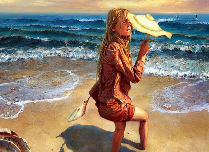 Image similar to she sells sea shells by the sea shore; painting by Jon foster.