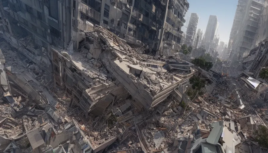 Image similar to human view of an earthquake in los angeles streets with buildings collapsing, hyperdetailed, artstation, cgsociety, 8 k