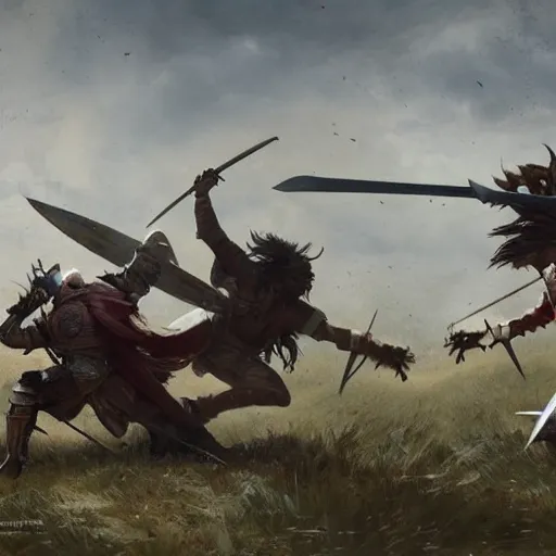 Prompt: A fierce duel between two knights on a battlefield, by Greg Rutkowski, cinematic