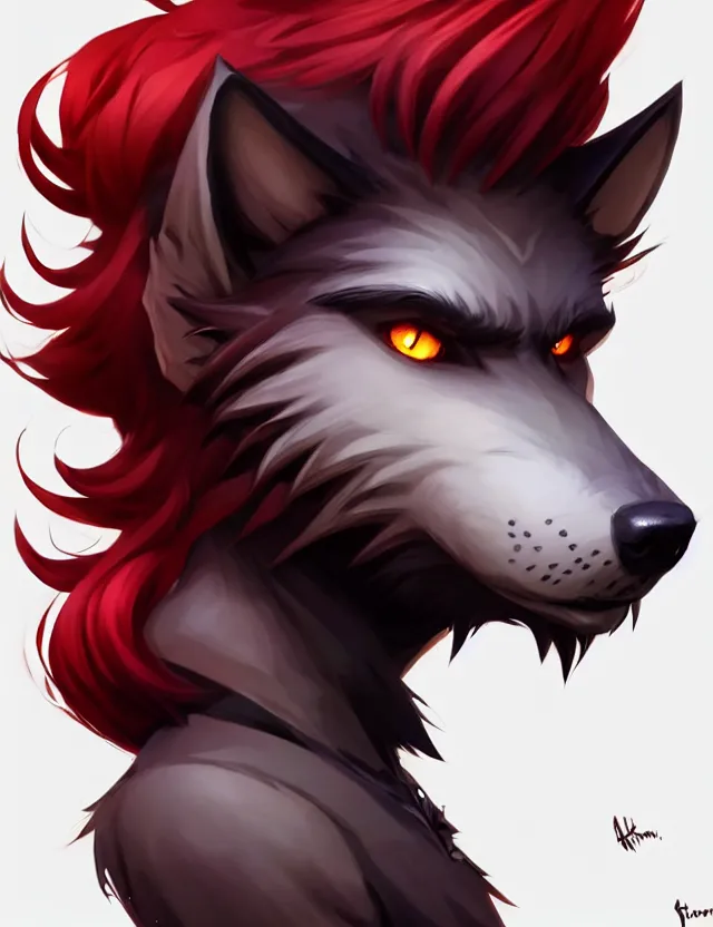 Image similar to character concept art of a black anthropomorphic male furry wolf long red hair | | cute - fine - face, pretty face, key visual, realistic shaded perfect face, fine details by stanley artgerm lau, wlop, rossdraws, james jean, andrei riabovitchev, marc simonetti, and sakimichan, trending on artstation