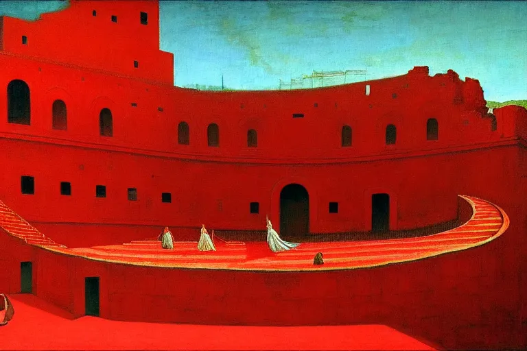 Image similar to only with red, a red melted emperor, taormina amphitheatre, crowd hails him happy, in the style of beksinski, parts by edward hopper, parts by rodcenko, parts by yue minjun, intricate and epic composition, red by caravaggio, insanely quality, highly detailed, masterpiece, red light, artstation, 4 k