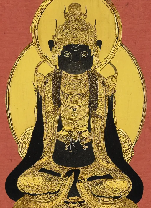 Prompt: detailed illustration of an anthropomorphic asian black bear Buddhist bodhisattva, seated in royal ease, 0.1 black micron pen, gilded gold halo behind head, highly detailed, fine pen work, religious iconography,