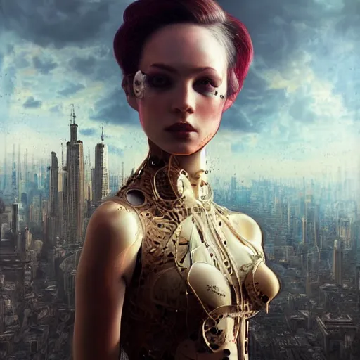 Image similar to Ultrarealist aesthetic, detailed face illustration of a very beautiful dollpunk wearing Abstract tech bodysuit, in front of a ruined city, focus, realistic eyes, symmetric body features proportions, golden ratio, ultra intricate details, award winning, unreal render, by Tom Bagshaw