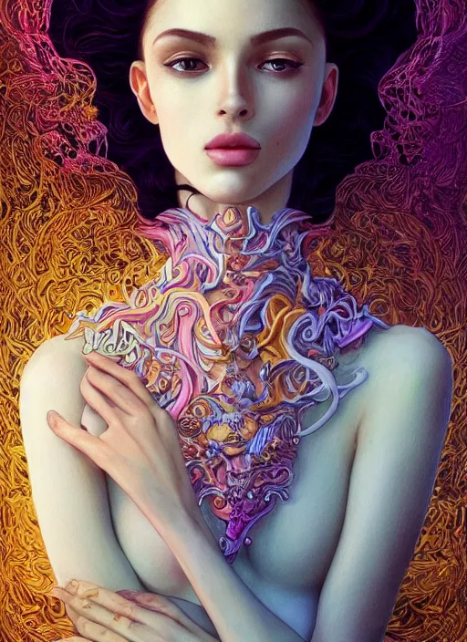 Prompt: surreal, beautiful young woman, extremely detailed gorgeous face, sad eyes, tears, beautiful detailed hands sexy body and face, vaporwave aesthetic, synthwave, long luxurious gown, colorful, psychedelic, intricate, elegant, highly detailed, digital painting, artstation, concept art, smooth, sharp focus, illustration, art by artgerm and greg rutkowski and alphonse mucha