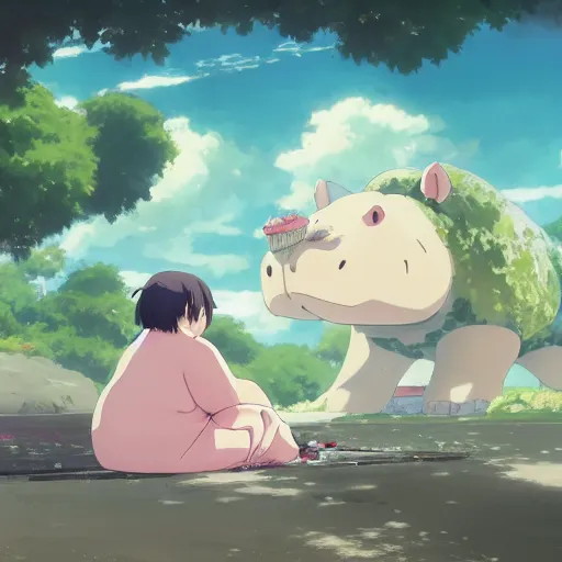 Image similar to a very fat hippo eating cake, illustration concept art anime key visual trending pixiv fanbox by wlop and greg rutkowski and makoto shinkai and studio ghibli and kyoto animation symmetrical facial features