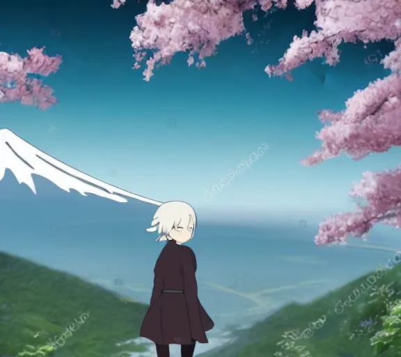 Prompt: beautiful silver hair young woman walking up Mount Fuji in the style of studio ghibli manga