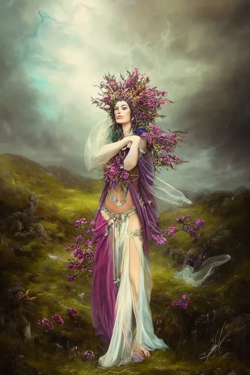 Image similar to fine art photo of the beauty goddess catriona balfe, she is wearing a mystical long gown she has a crown of stunning flowers and gemstones, background full of stormy clouds, by peter mohrbacher