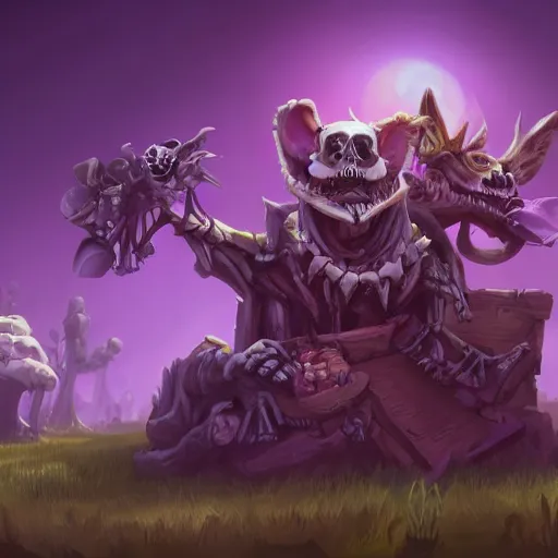 Image similar to cute skeleton animal creatures. hearthstone animal creatures, graveyard background, bright art masterpiece artstation. 8k, sharp high quality artwork in style of Jose Daniel Cabrera Pena and Greg Rutkowski, violet theme, concept art by Tooth Wu, hearthstone card game artwork