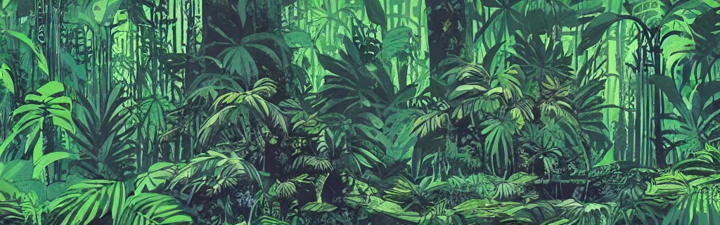 Prompt: jungle ruins rainforest, gouache, animated film, stylised, illustration, by paul felix, alex nino